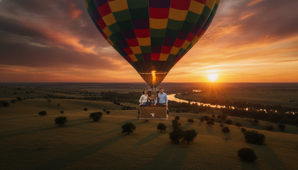 A breathtaking sunset balloon ride scene, showcasing a vibrant hot air balloon with a colorful pattern, gently ascending into a rich, orange and purple sky. In the foreground, the balloon's wicker basket holds two travelers dressed in casual yet modest clothing, smiling in anticipation of their adventure. The middle ground features rolling hills painted with soft shadows, dotted with silhouettes of trees as the sun sinks lower on the horizon. In the background, a serene river reflects the warm hues of the sunset, creating a tranquil atmosphere. Soft, warm lighting envelops the scene, enhancing the dreamy quality of the moment. The angle captures a slightly elevated view, emphasizing the vastness of the landscape below, inviting viewers to imagine the incredible sights waiting to be seen. A breathtaking sunset balloon ride scene, showcasing a vibrant hot air balloon with a colorful pattern, gently ascending into a rich, orange and purple sky. In the foreground, the balloon's wicker basket holds two travelers dressed in casual yet modest clothing, smiling in anticipation of their adventure. The middle ground features rolling hills painted with soft shadows, dotted with silhouettes of trees as the sun sinks lower on the horizon. In the background, a serene river reflects the warm hues of the sunset, creating a tranquil atmosphere. Soft, warm lighting envelops the scene, enhancing the dreamy quality of the moment. The angle captures a slightly elevated view, emphasizing the vastness of the landscape below, inviting viewers to imagine the incredible sights waiting to be seen.