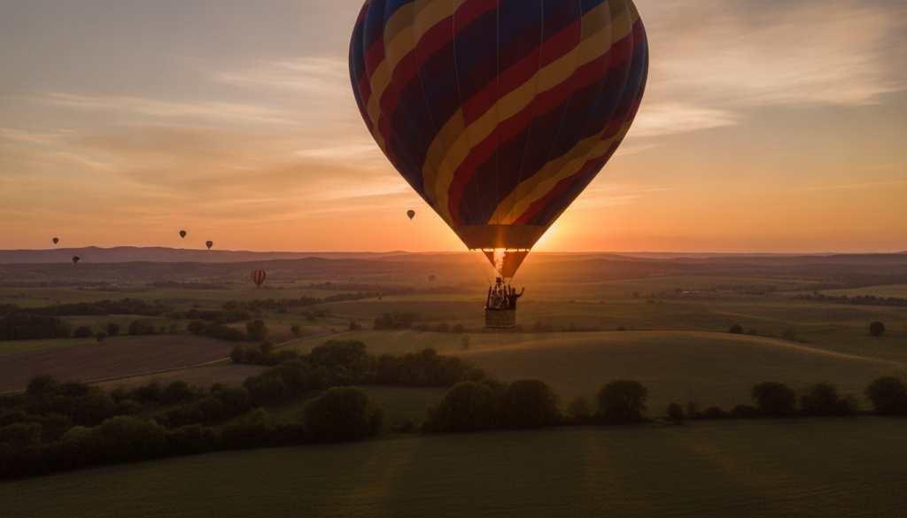 A breathtaking sunset balloon tour scene, featuring a vibrant hot air balloon drifting gracefully through the sky. In the foreground, the colorful balloon, adorned with intricate patterns, is illuminated by the warm golden hues of the setting sun. The middle ground showcases a panoramic view of rolling hills and lush fields bathed in soft orange and pink light, with a few trees gently silhouetted against the sky. In the background, the sun is just above the horizon, casting a serene glow over the landscape. The atmosphere is tranquil and celebratory, inviting viewers to feel the joy of the ride. Use a wide-angle lens to capture the expansive view, with soft, diffused lighting that enhances the romantic, peaceful mood of the experience. A breathtaking sunset balloon tour scene, featuring a vibrant hot air balloon drifting gracefully through the sky. In the foreground, the colorful balloon, adorned with intricate patterns, is illuminated by the warm golden hues of the setting sun. The middle ground showcases a panoramic view of rolling hills and lush fields bathed in soft orange and pink light, with a few trees gently silhouetted against the sky. In the background, the sun is just above the horizon, casting a serene glow over the landscape. The atmosphere is tranquil and celebratory, inviting viewers to feel the joy of the ride. Use a wide-angle lens to capture the expansive view, with soft, diffused lighting that enhances the romantic, peaceful mood of the experience.