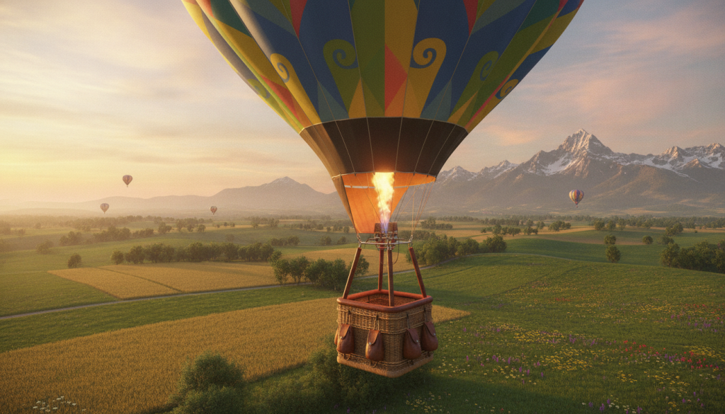A stunning aerial view of a vibrant sunrise hot air balloon ride, with a beautifully designed balloon featuring colorful patterns soaring above picturesque landscapes. In the foreground, the balloon is gracefully lifted by a flame, showcasing the mechanics with visible ropes and an intricately detailed basket. The middle ground reveals lush green fields and rolling hills below, dotted with wildflowers and trees. The sky is painted in soft pastels of orange, pink, and lavender. In the background, a distant mountain range frames the scene, adding depth. The atmosphere is serene and uplifting, with warm, soft lighting capturing the moment. The angle is slightly tilted upwards, enhancing the balloon's ascent into the sky, inviting viewers to envision the thrill of flight.