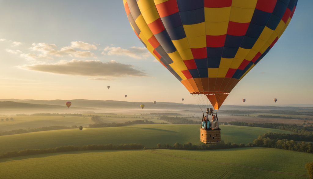 A vibrant scene showcasing a local hot air balloon ride during the early morning hours. In the foreground, a colorful hot air balloon in bright hues of red, yellow, and blue gently rises, with a small wicker basket visible below, containing a couple dressed in modest casual clothing, smiling and enjoying the experience. The middle ground features a picturesque landscape of rolling hills and lush green fields bathed in soft golden sunlight. In the background, a clear blue sky stretches out, dotted with a few fluffy white clouds. The atmosphere is peaceful and exhilarating, capturing the essence of adventure. The lighting emphasizes the warmth of sunrise, creating a dreamy and inviting ambiance. Use a wide-angle lens perspective to enhance the impression of spaciousness and height.